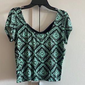 Black and teal short sleeve crop top with open back bow details